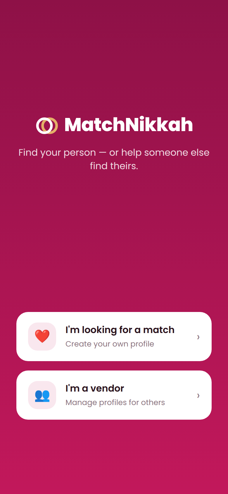 MatchNikkah app welcome screen, showing the option to create your own profile or join as a vendor
