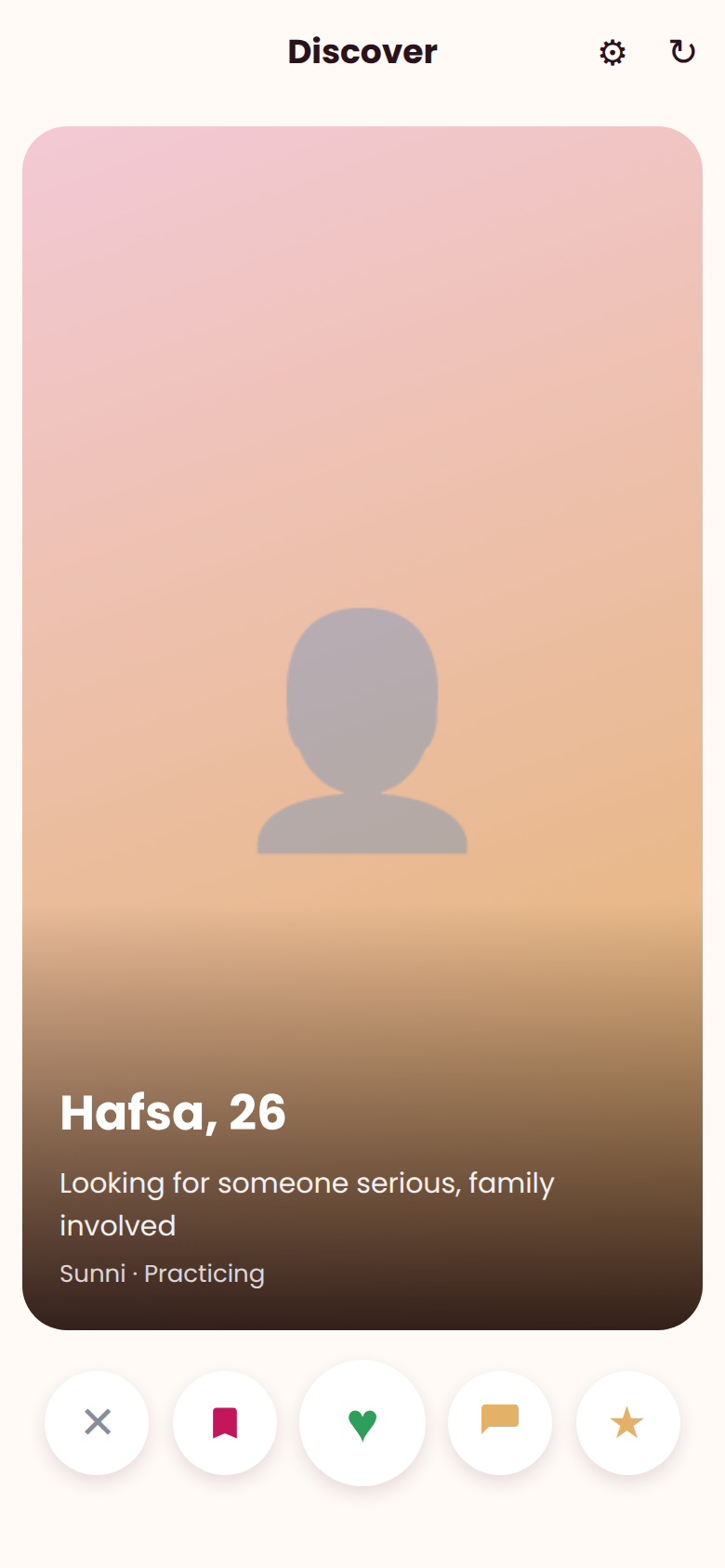 MatchNikkah app discovery screen for browsing serious matches