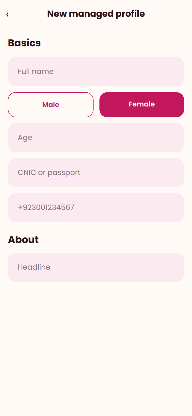 MatchNikkah app screen for a vendor creating a new managed profile